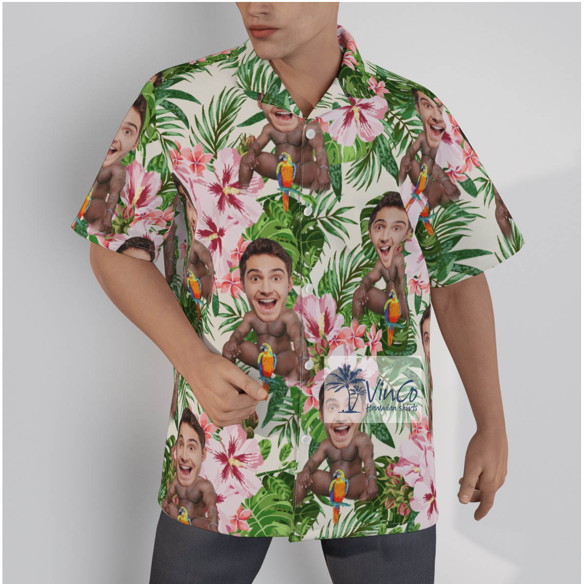 Floral Custom Face Barry Wood Button Shirt For Men - variant image 1