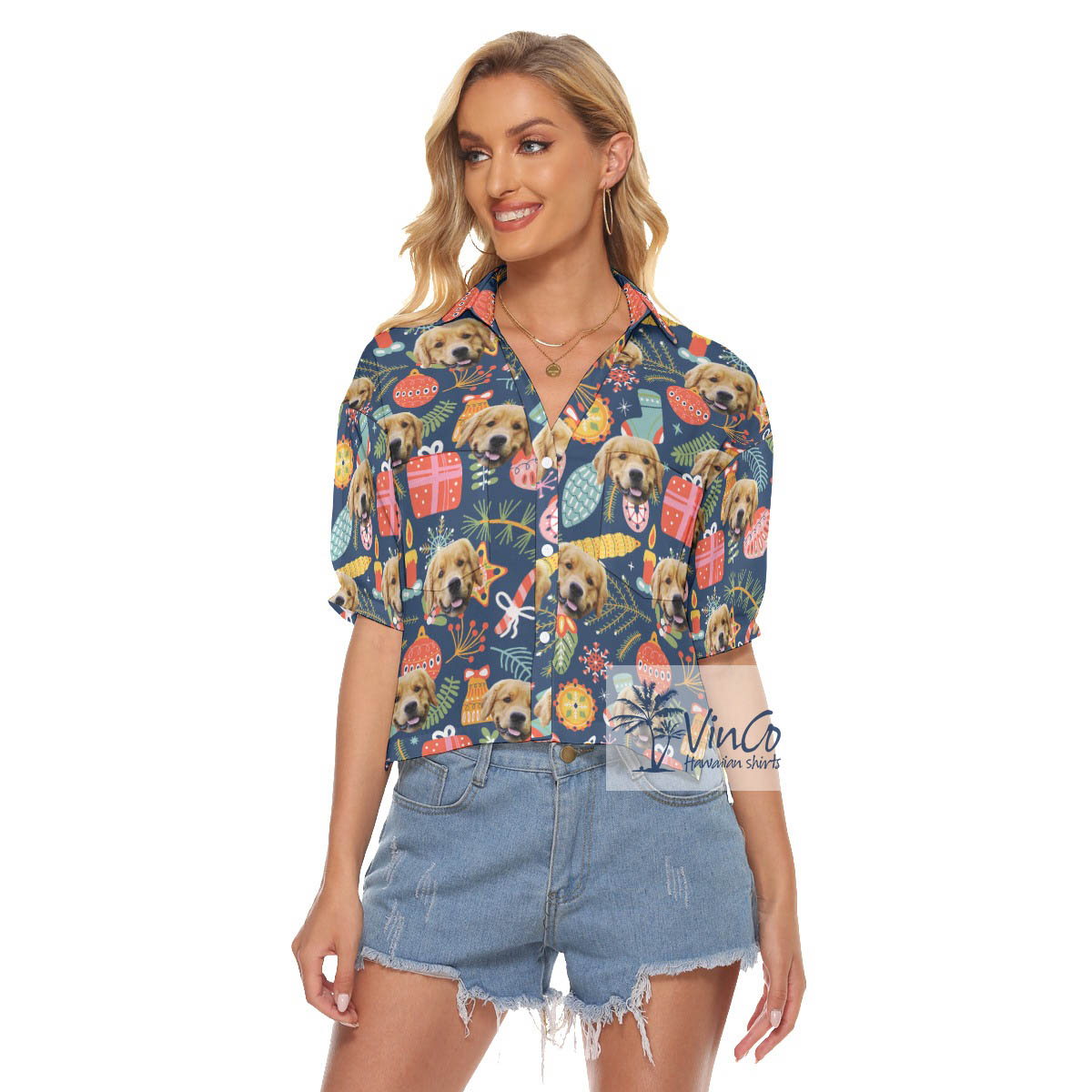 Custom Dog Face Hawaiian Christmas Crop Top Shirt For Women - variant image 1
