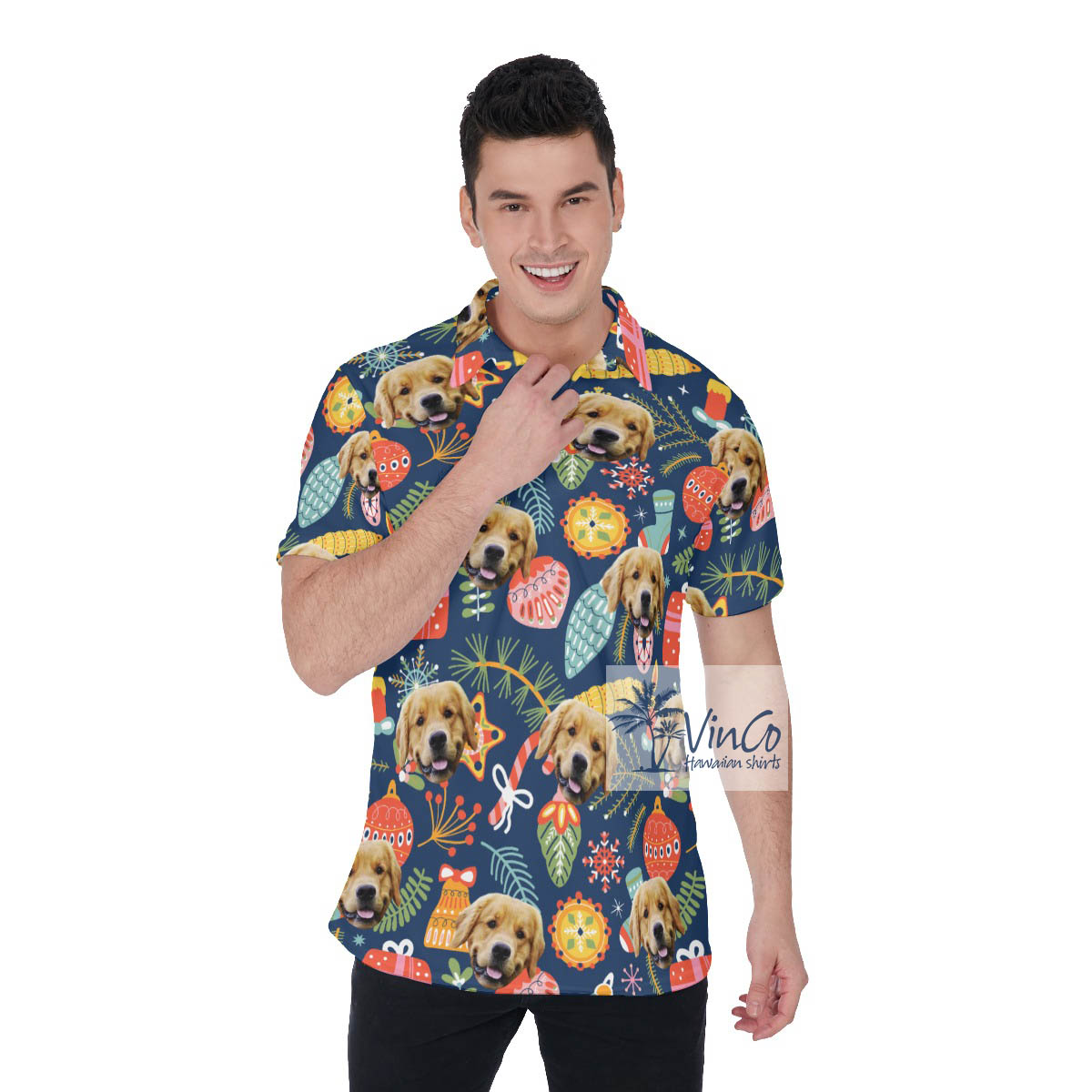 Funny Custom Dog Face Christmas Hawaiian Golf Shirt For Men - variant image 1