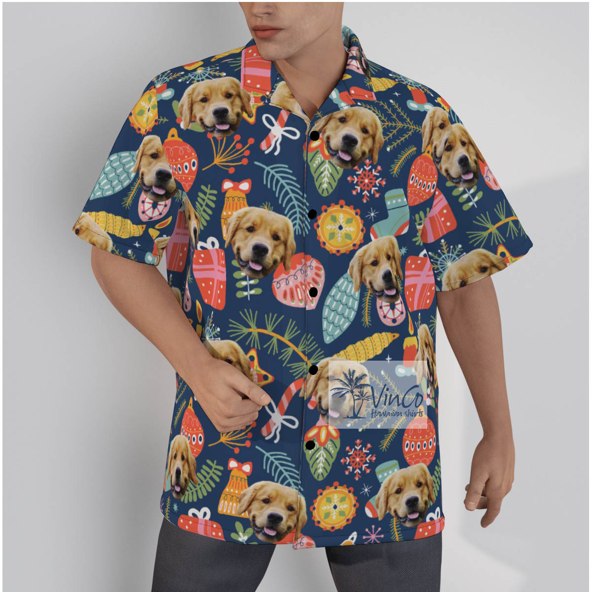 Custom Dog Face Christmas Hawaiian Shirt With Decorative Patterns - variant image 1