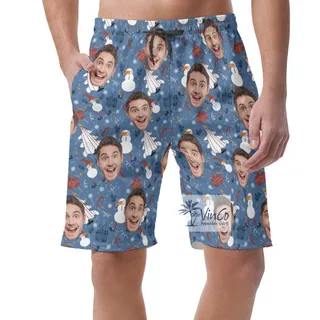 Custom Face Christmas Snowman Blue Hawaiian Beach Shorts For Men
