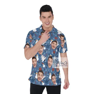 Funny Custom Face Christmas Tree And Snowman Hawaiian Polo Shirt