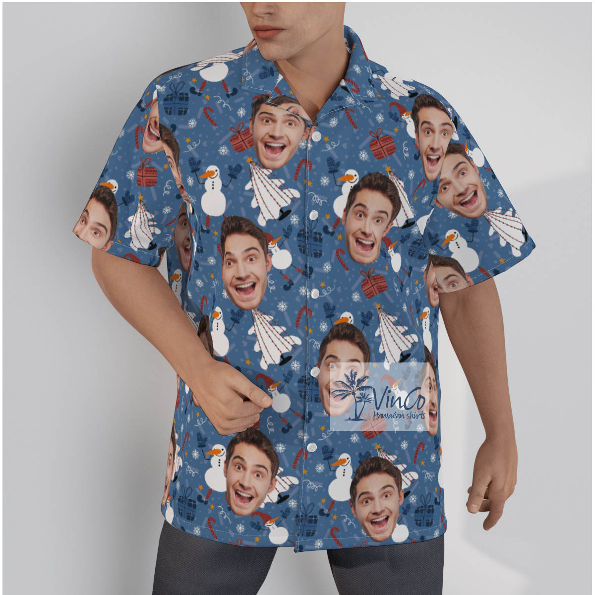 Funny Snowman And Christmas Tree Hawaiian Shirt With Custom Face - variant image 1