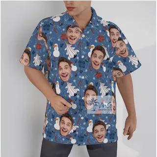 Funny Snowman And Christmas Tree Hawaiian Shirt With Custom Face