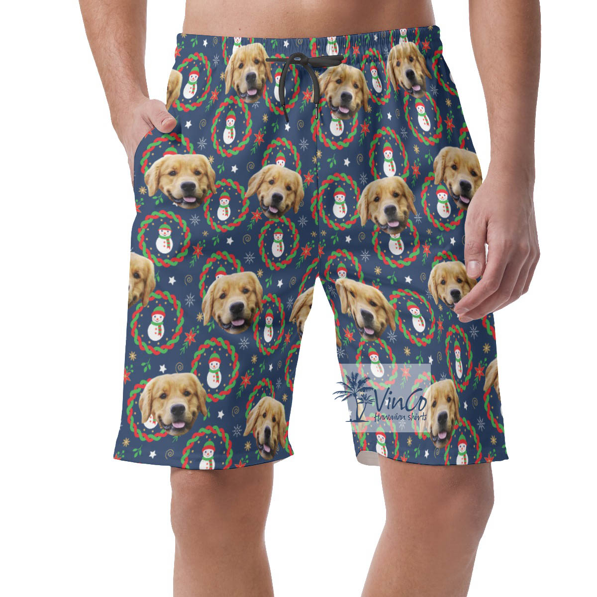 Custom Christmas Snowman Hawaiian Beach Shorts With Dog Face - variant image 1