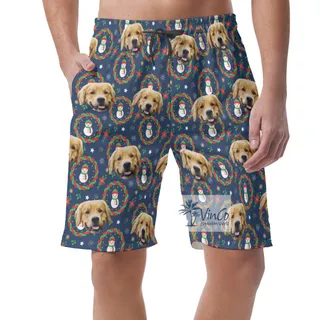 Custom Christmas Snowman Hawaiian Beach Shorts With Dog Face