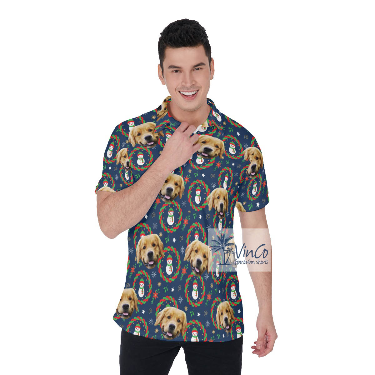 Funny Custom Dog Face Christmas Snowman Hawaiian Polo Shirt For Men - variant image 1