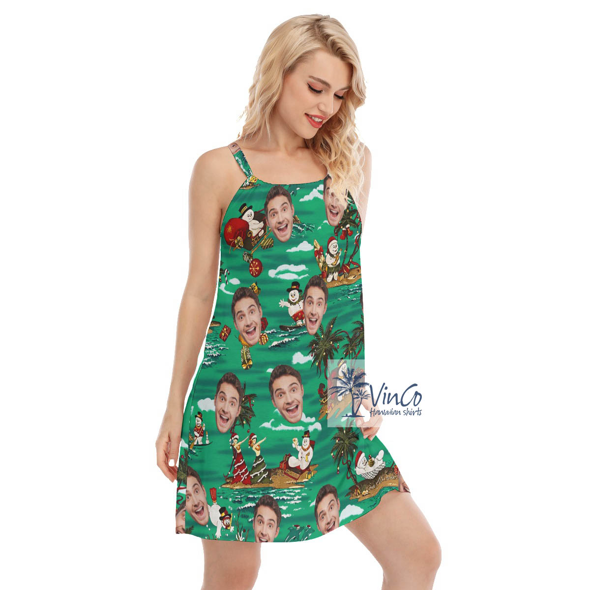 Funny Custom Face Christmas Snowman Tropical Hawaiian Dresses For Women