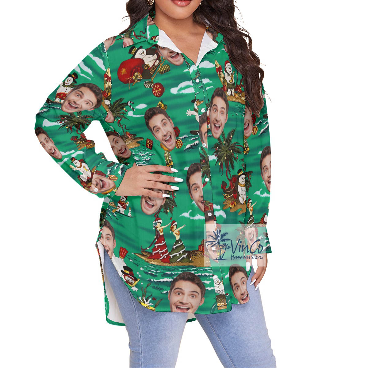 Tropical Snowman Christmas Women's Plus Size Hawaiian Shirt With Custom Face