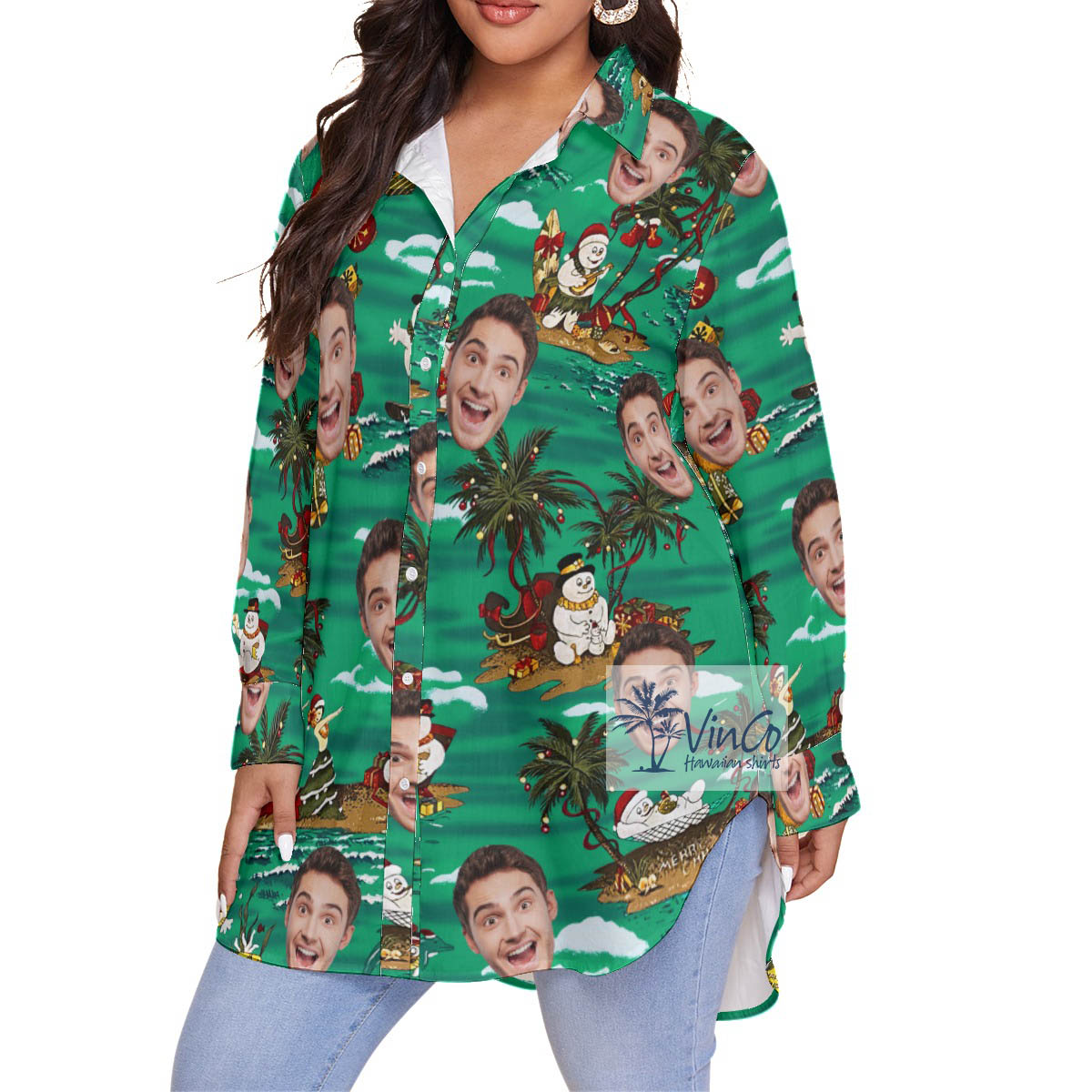 Tropical Snowman Christmas Women's Plus Size Hawaiian Shirt With Custom Face