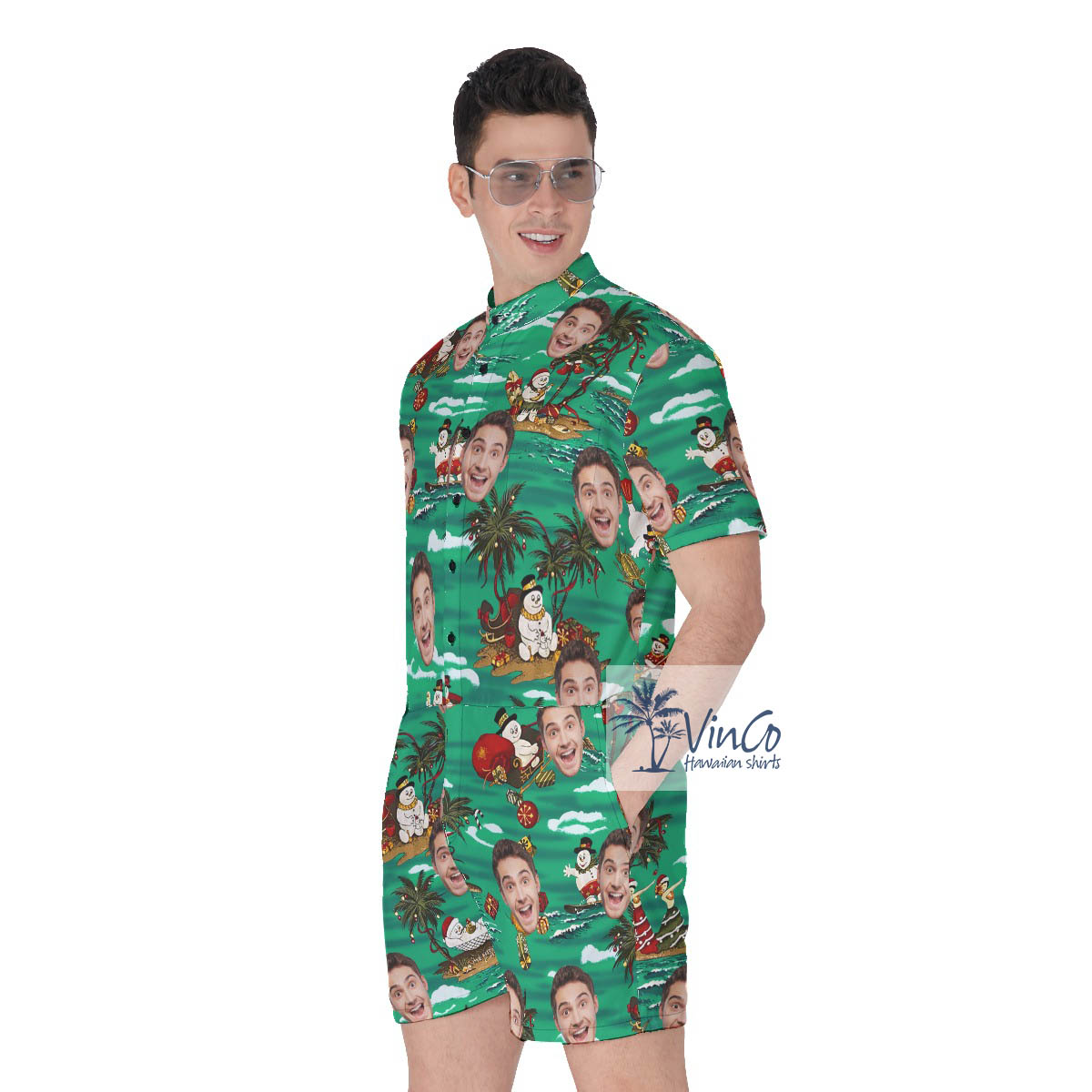 Custom Face Tropical Snowman Christmas Men's Hawaiian Romper