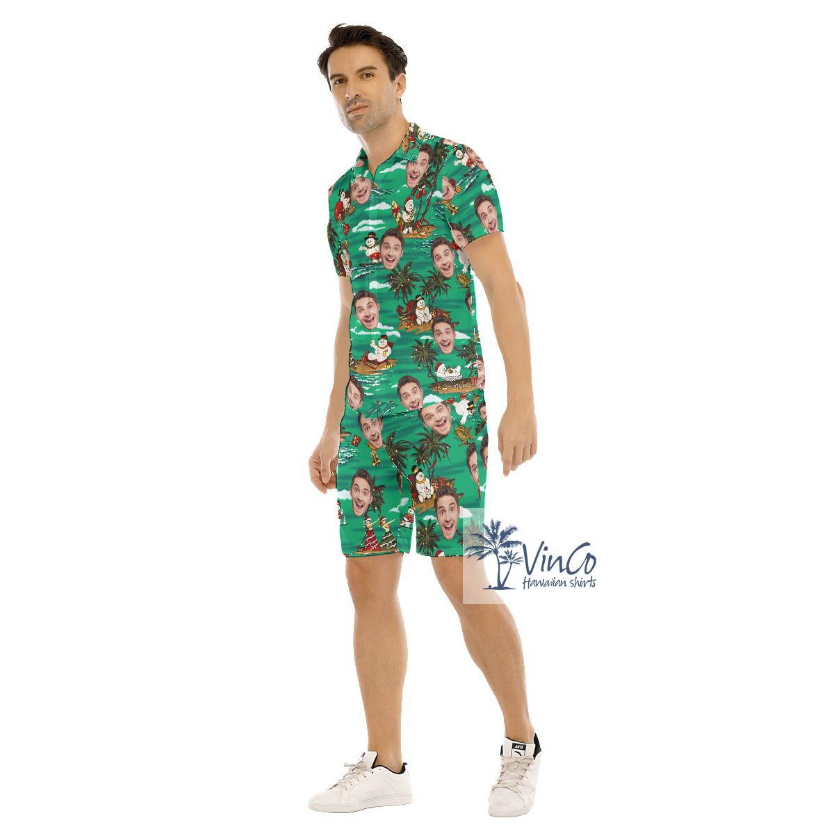 Set Christmas Snowman Tropical Custom Face Hawaiian Shirt And Shorts For Men