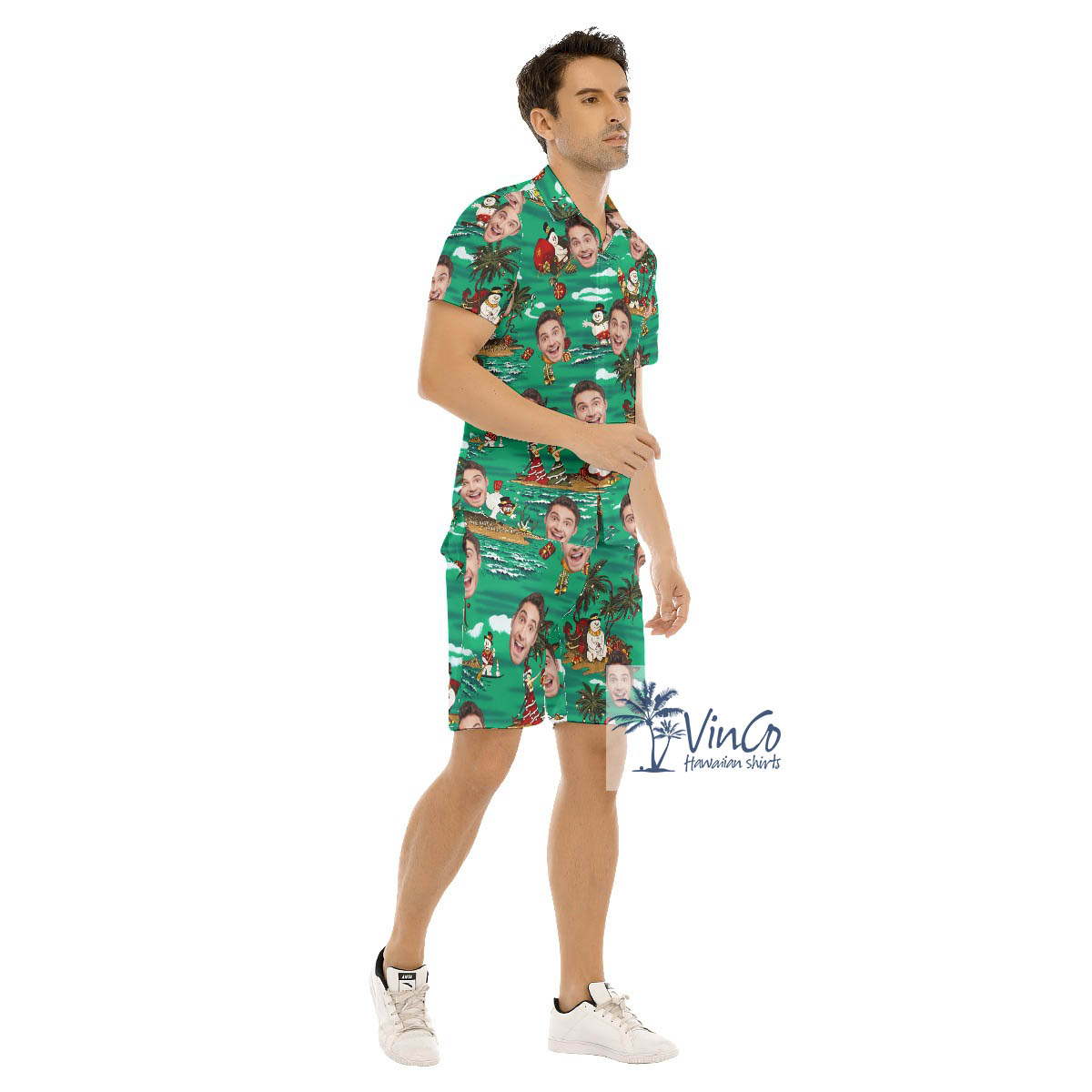 Set Christmas Snowman Tropical Custom Face Hawaiian Shirt And Shorts For Men