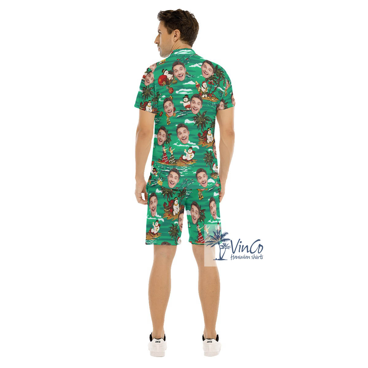 Set Christmas Snowman Tropical Custom Face Hawaiian Shirt And Shorts For Men