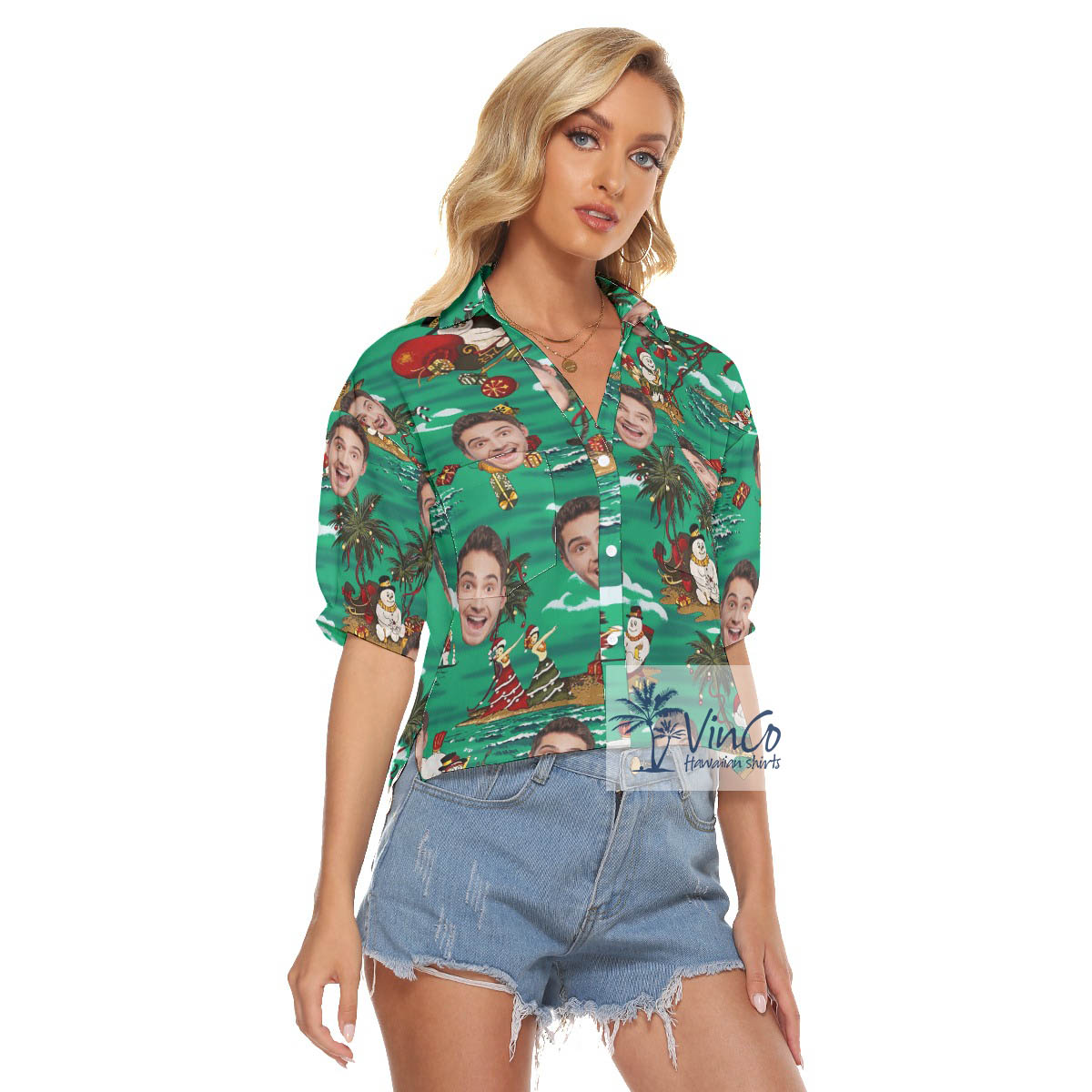 Funny Custom Face Christmas Snowman Tropical Hawaiian Crop Top Shirt For Women