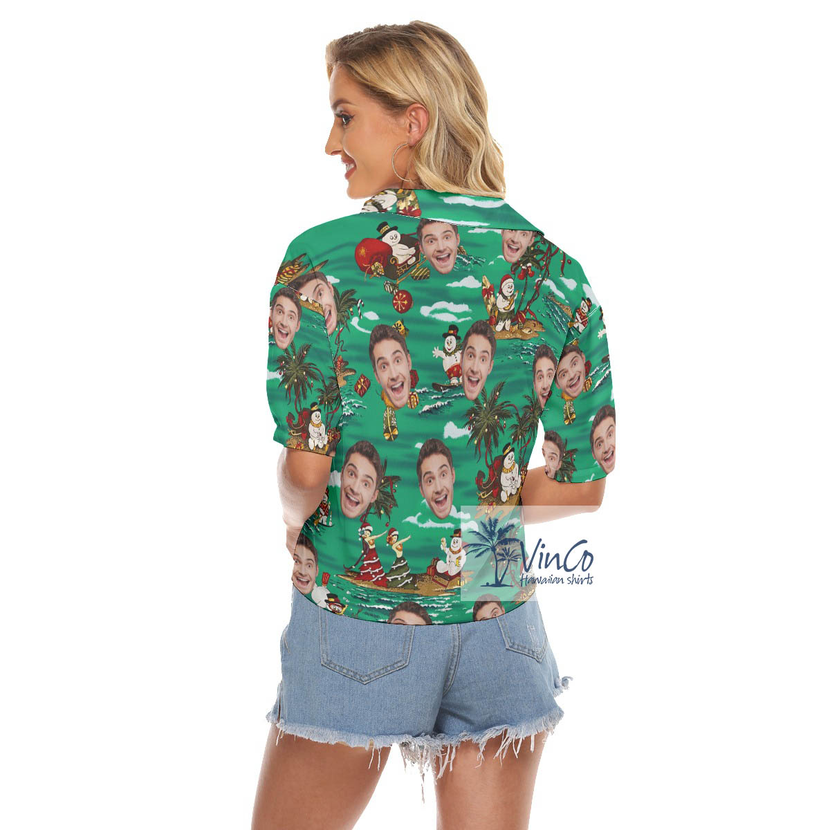 Funny Custom Face Christmas Snowman Tropical Hawaiian Crop Top Shirt For Women