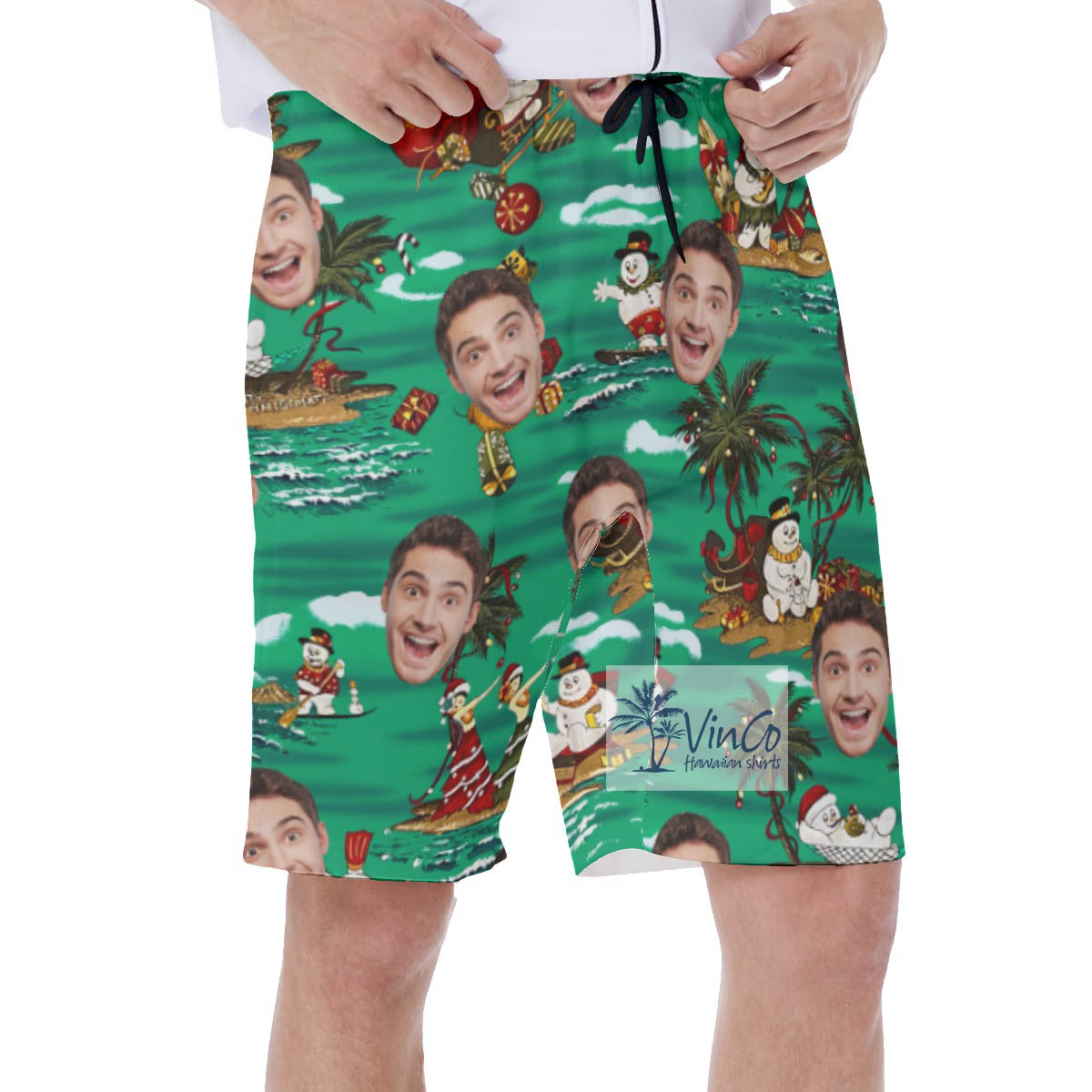 Christmas Snowman Tropical Hawaiian Swim Trunks With Custom Face