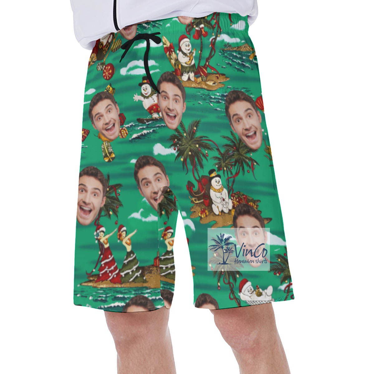 Christmas Snowman Tropical Hawaiian Swim Trunks With Custom Face