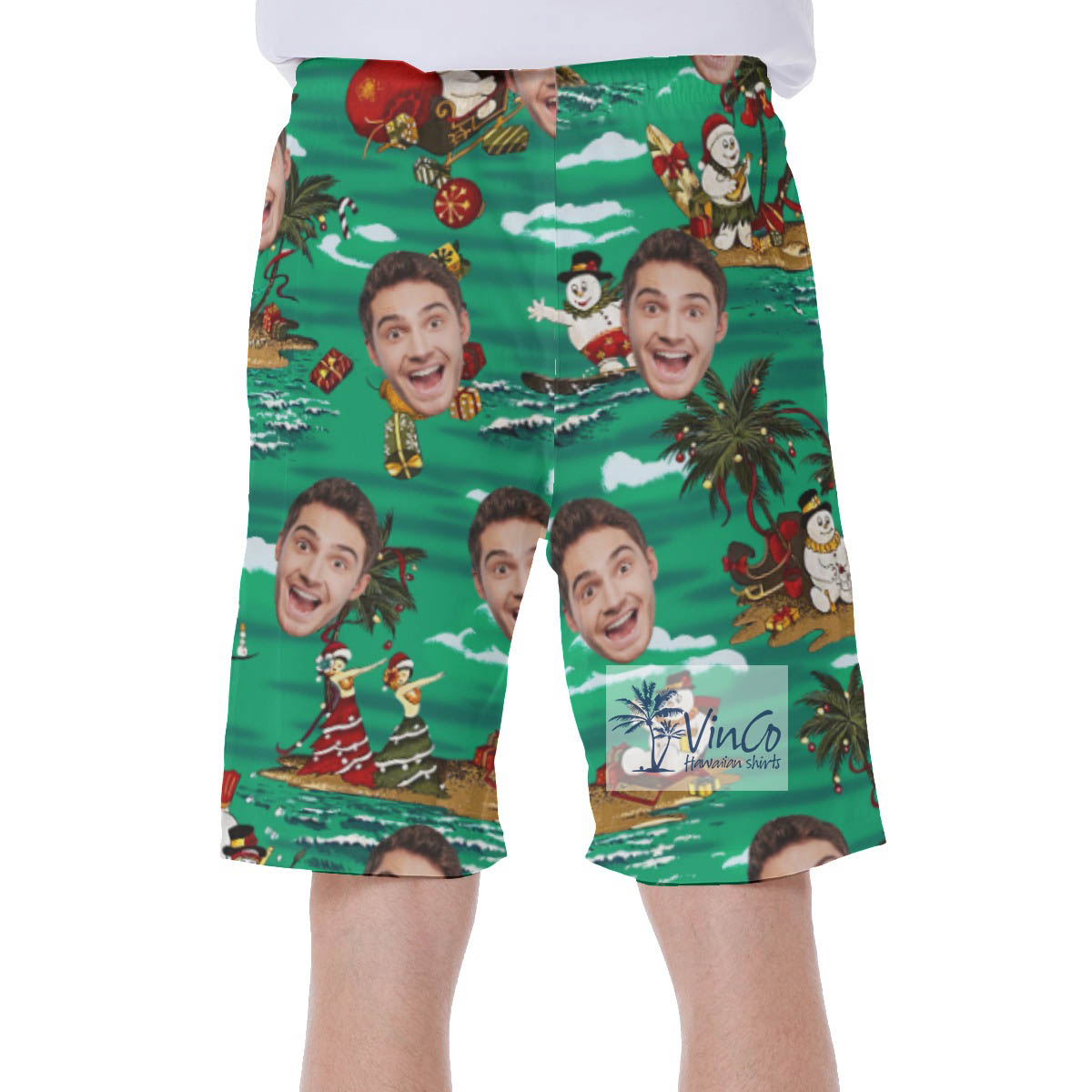 Christmas Snowman Tropical Hawaiian Swim Trunks With Custom Face