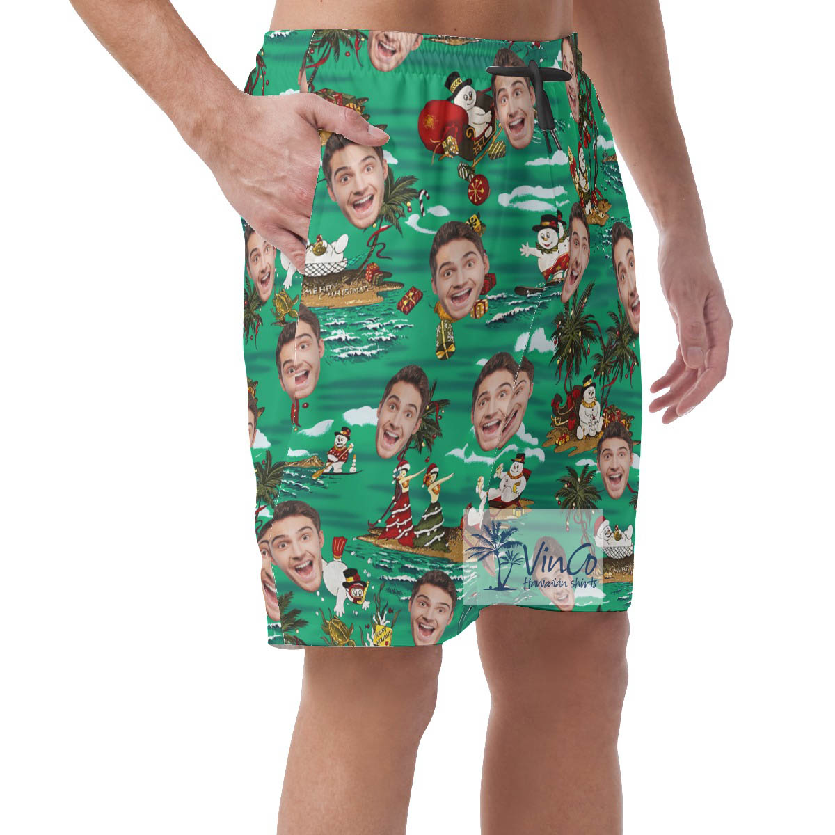 Custom Face Tropical Snowman Christmas Hawaiian Beach Shorts For Men