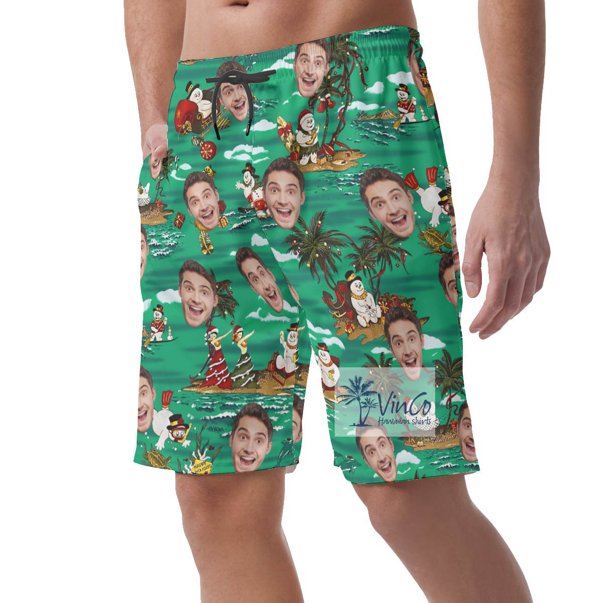 Custom Face Tropical Snowman Christmas Hawaiian Beach Shorts For Men