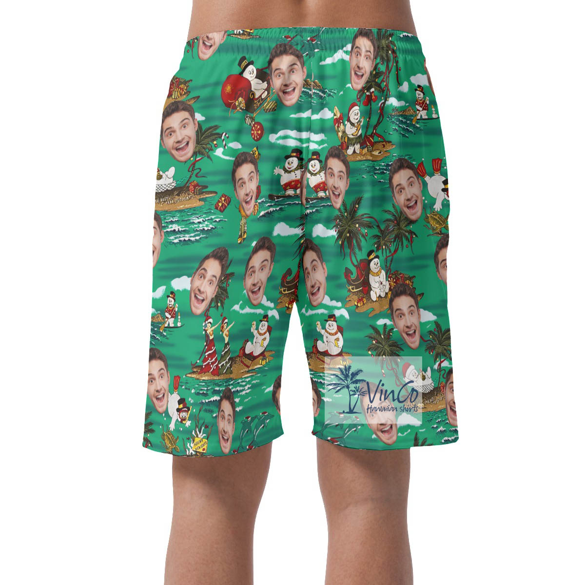 Custom Face Tropical Snowman Christmas Hawaiian Beach Shorts For Men