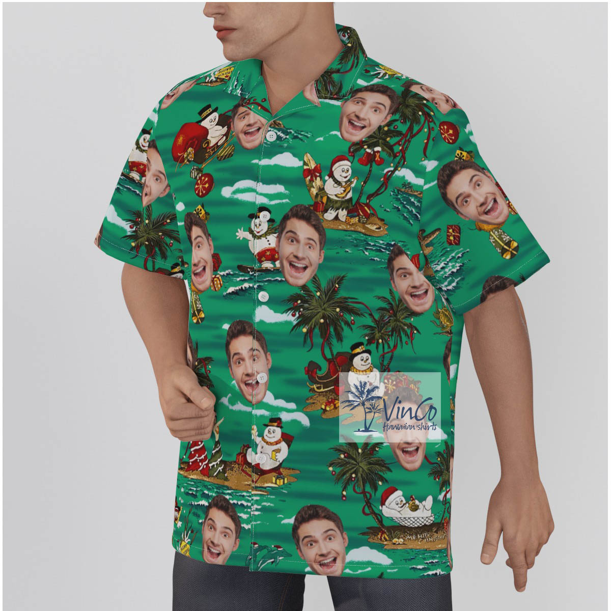 Tropical Christmas Snowman Custom Face Green Hawaiian Shirt
