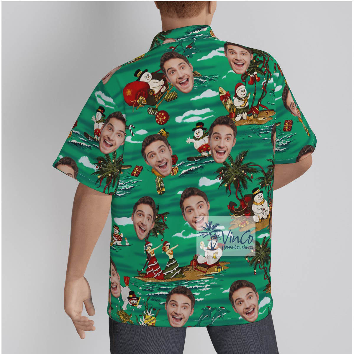 Tropical Christmas Snowman Custom Face Green Hawaiian Shirt