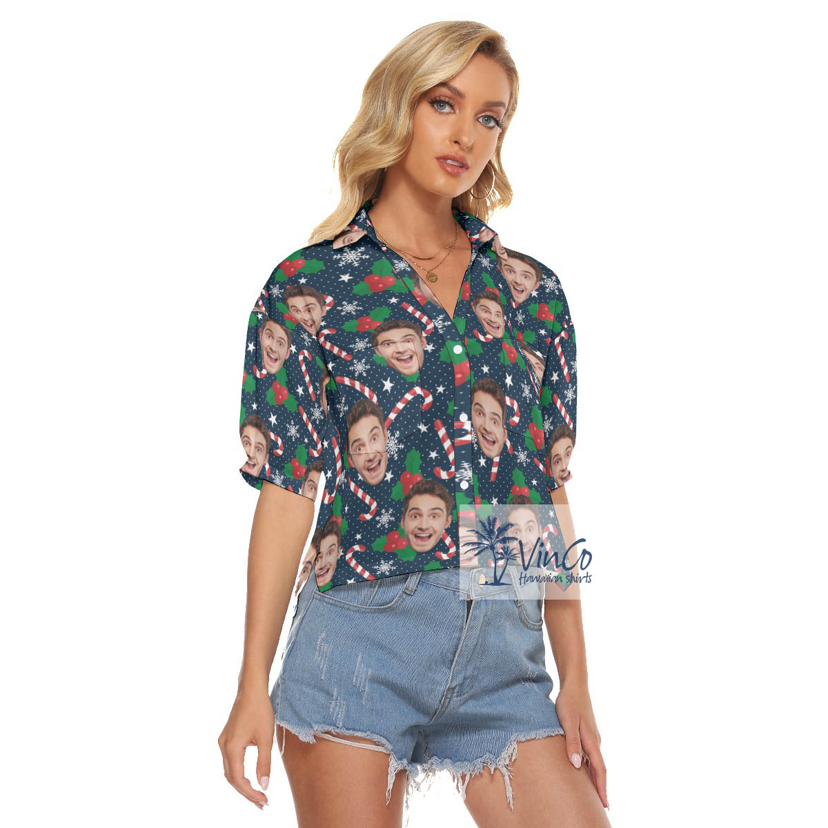 Funny Custom Face Christmas Candy Cane Hawaiian Cropped Shirt
