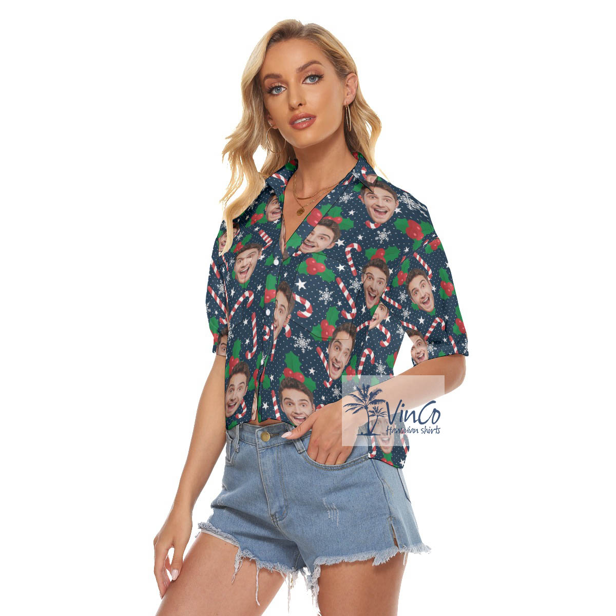 Funny Custom Face Christmas Candy Cane Hawaiian Cropped Shirt