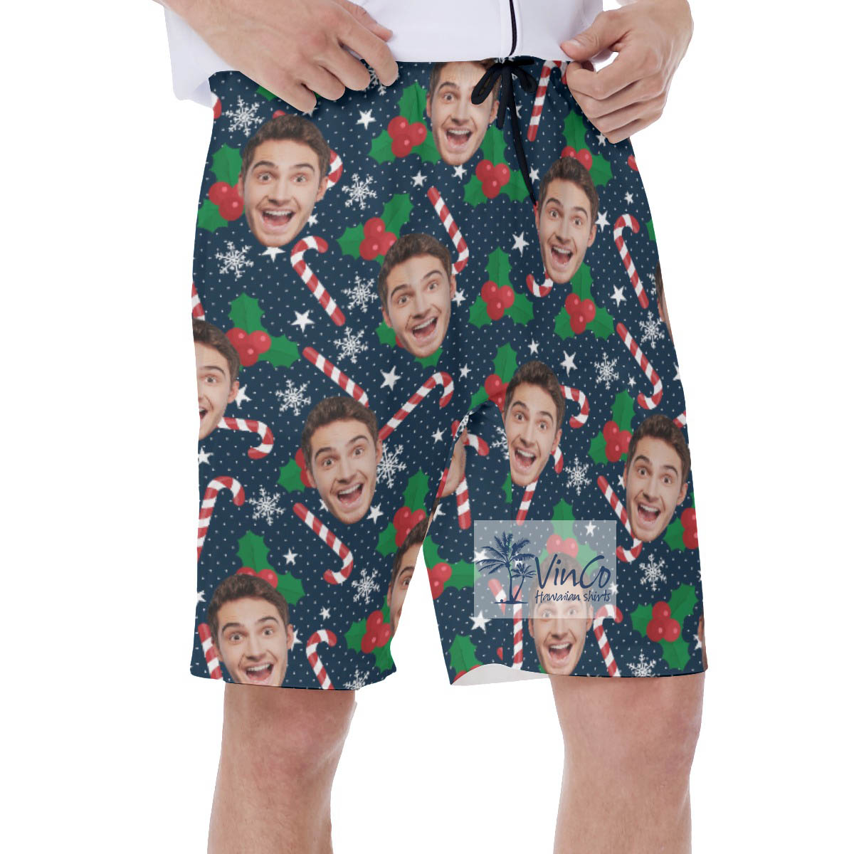 Candy Cane Christmas Hawaiian Swim Trunks With Custom Face