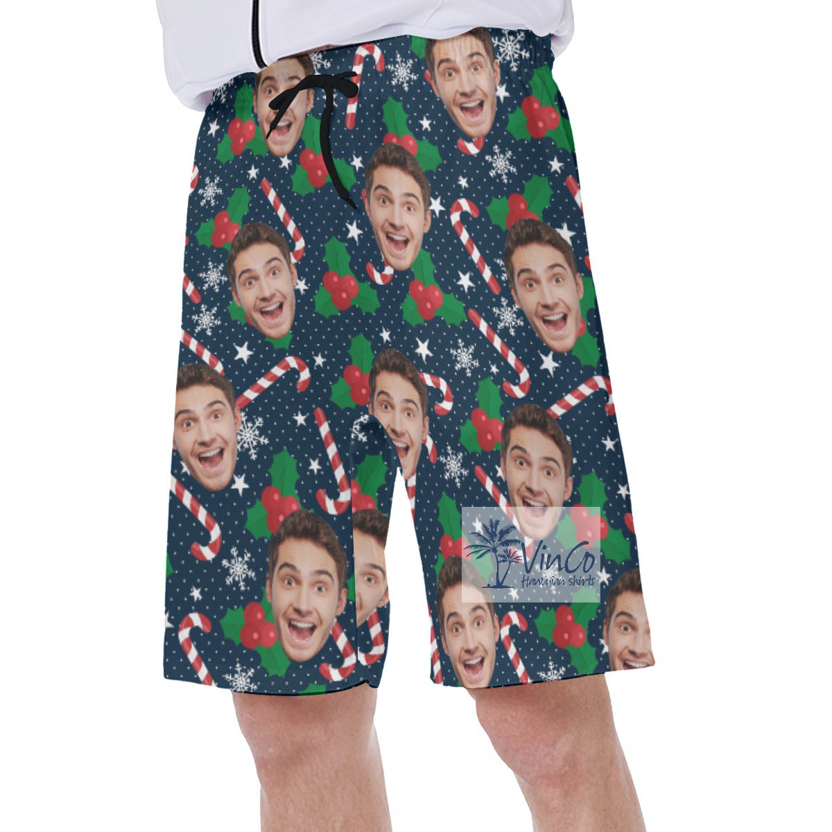 Candy Cane Christmas Hawaiian Swim Trunks With Custom Face