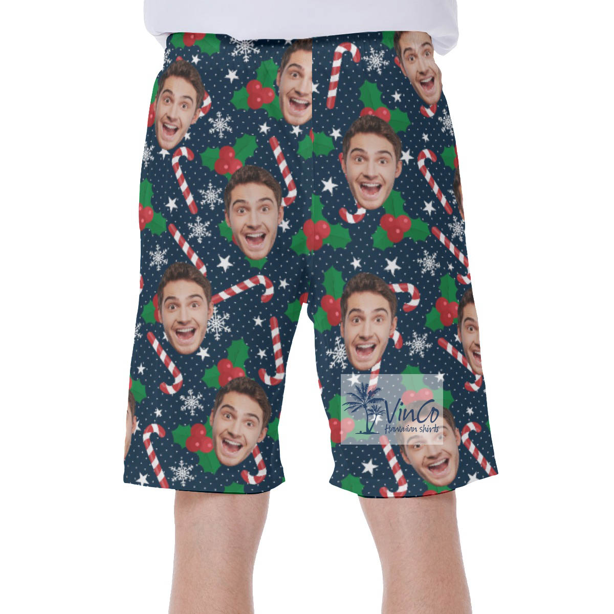 Candy Cane Christmas Hawaiian Swim Trunks With Custom Face