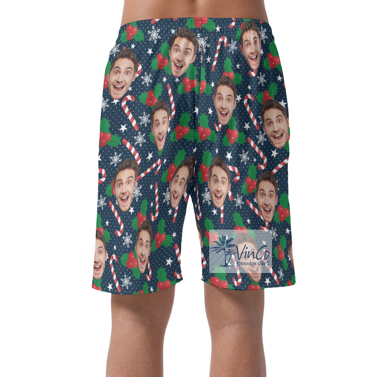 Custom Face Christmas Candy Cane Hawaiian Beach Shorts For Men