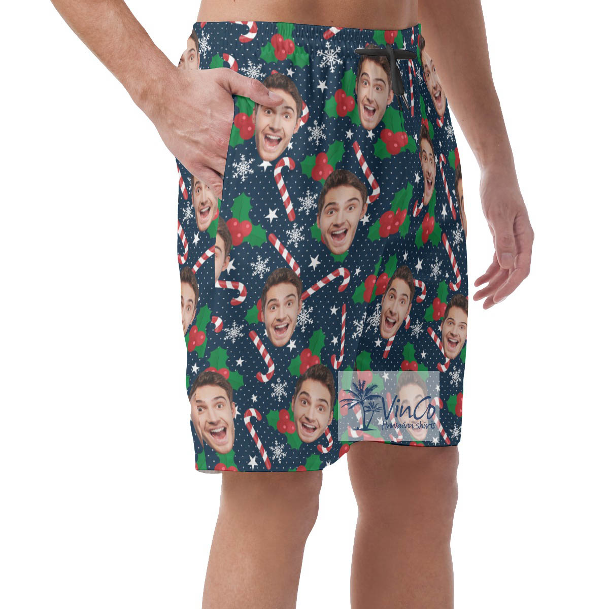 Custom Face Christmas Candy Cane Hawaiian Beach Shorts For Men
