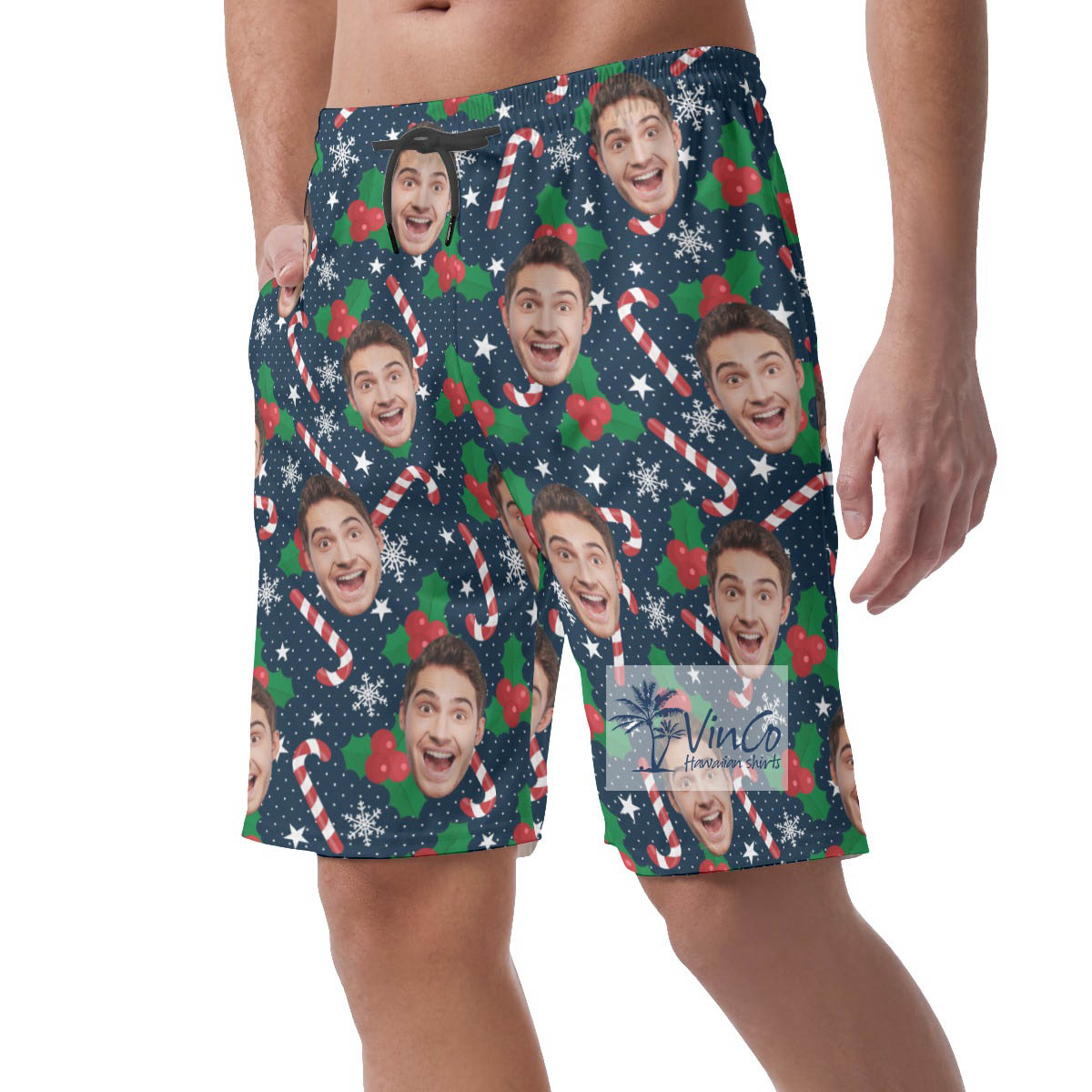 Custom Face Christmas Candy Cane Hawaiian Beach Shorts For Men