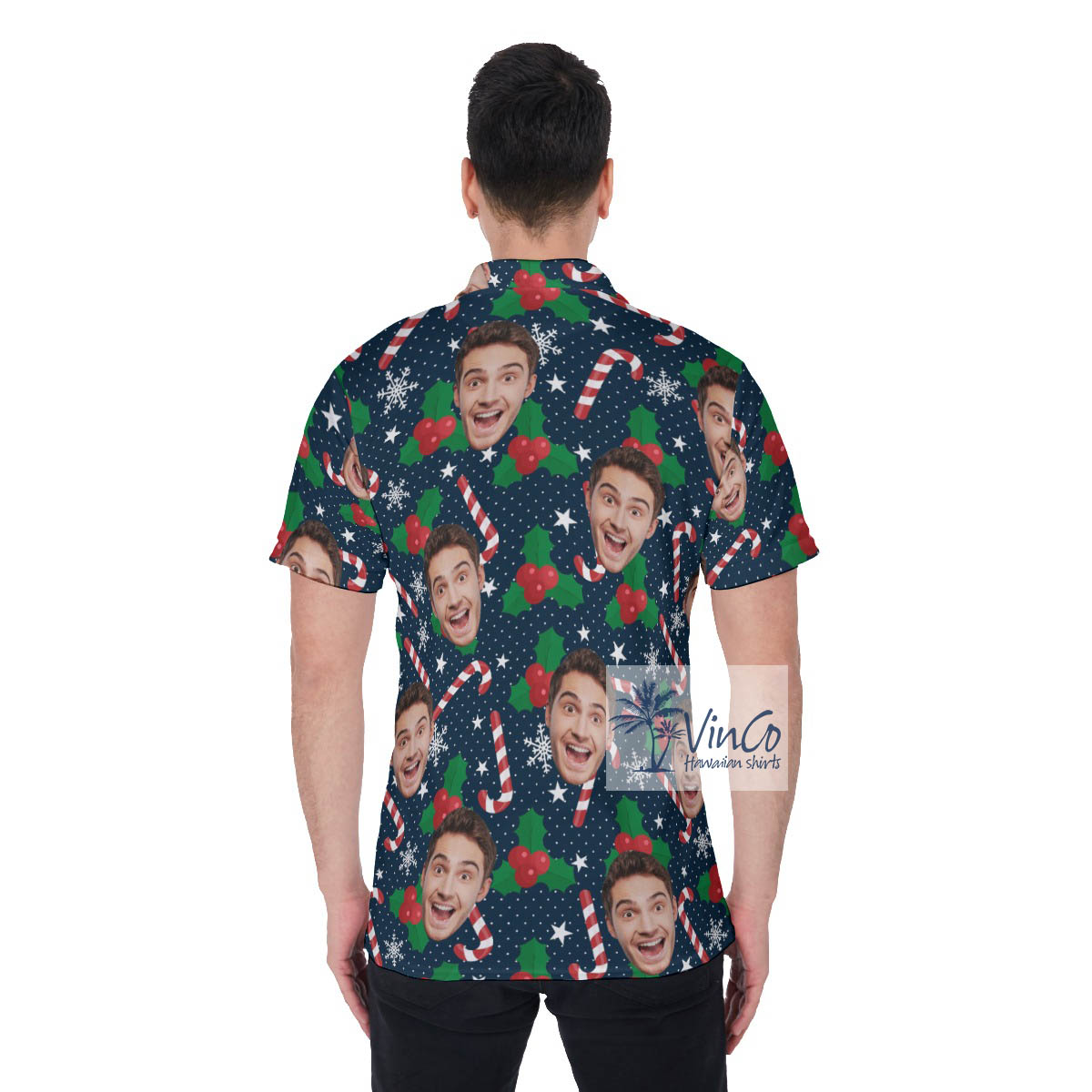 Christmas Candy Cane Hawaiian Polo Shirt With Custom Face