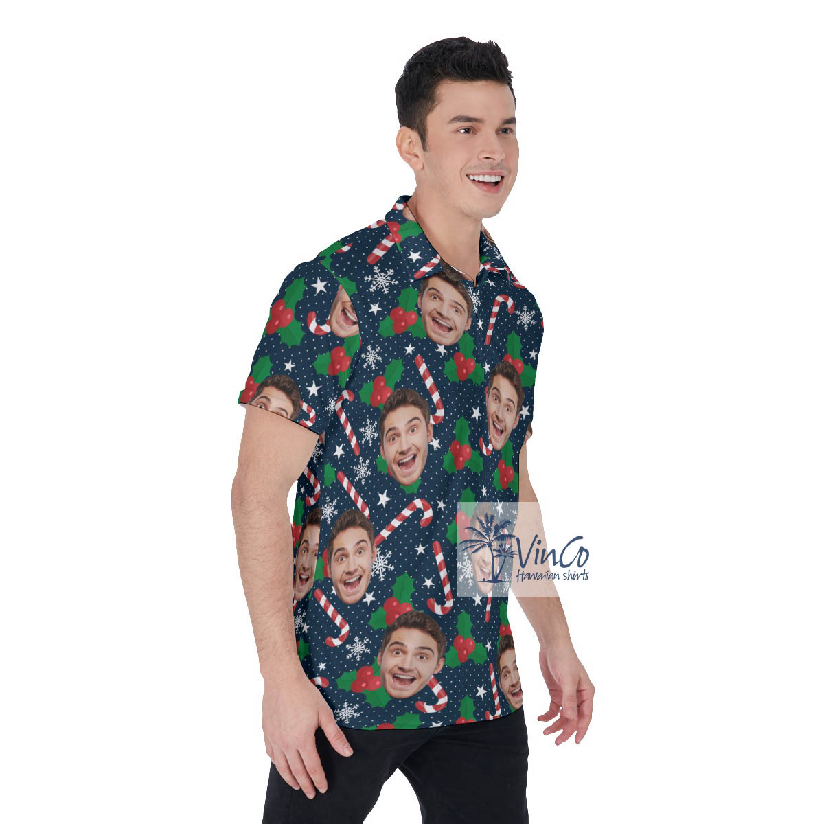 Christmas Candy Cane Hawaiian Polo Shirt With Custom Face