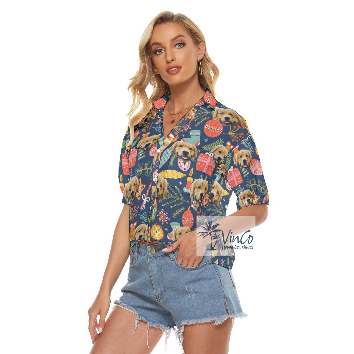 Custom Dog Face Hawaiian Christmas Crop Top Shirt For Women