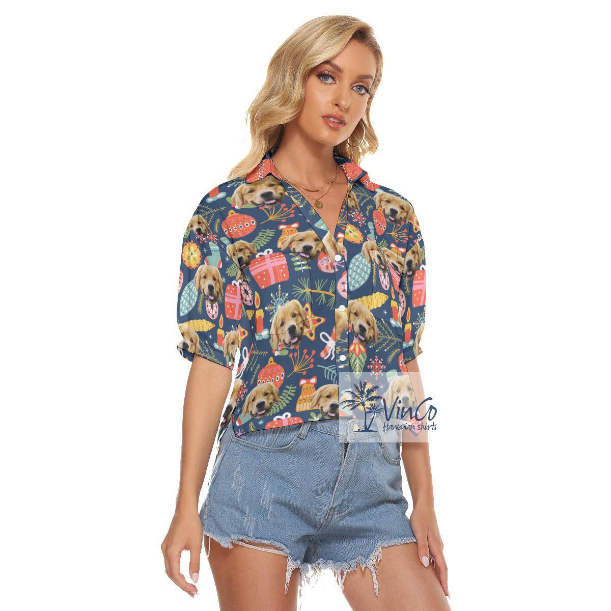 Custom Dog Face Hawaiian Christmas Crop Top Shirt For Women