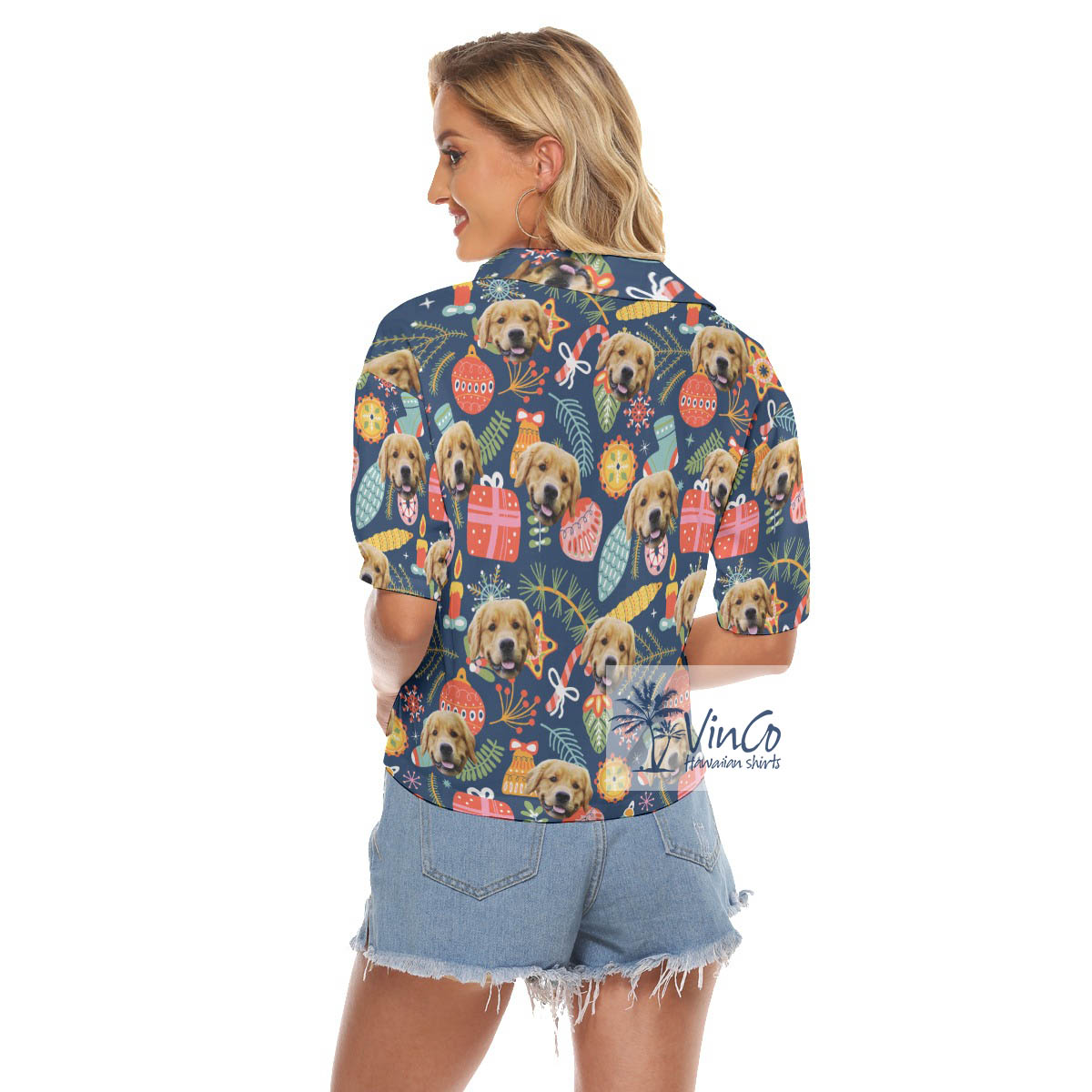 Custom Dog Face Hawaiian Christmas Crop Top Shirt For Women
