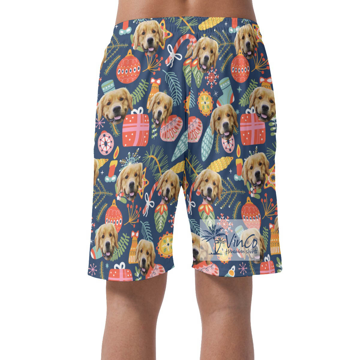 Custom Decorative Patterns Christmas Hawaiian Beach Shorts With Dog Face
