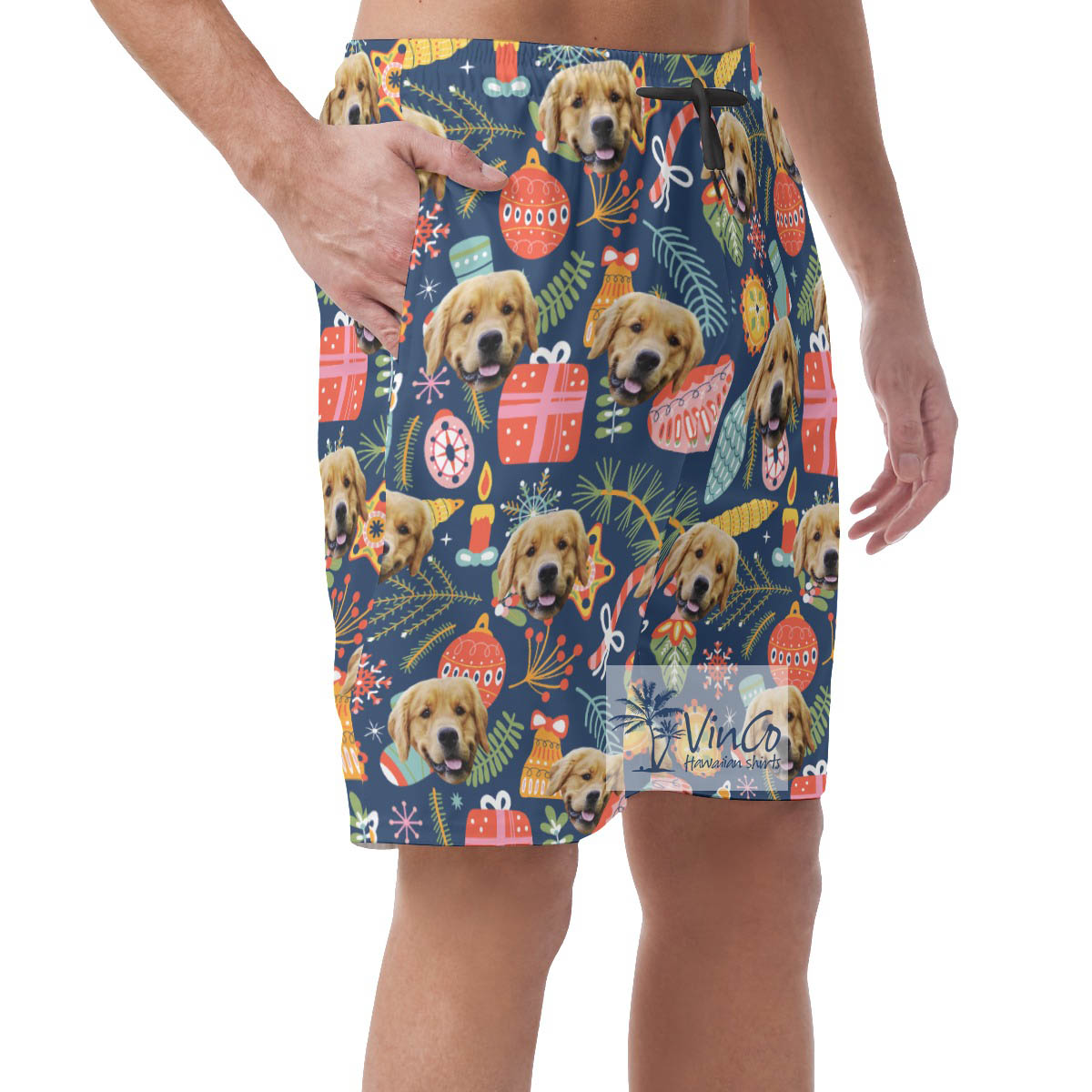 Custom Decorative Patterns Christmas Hawaiian Beach Shorts With Dog Face