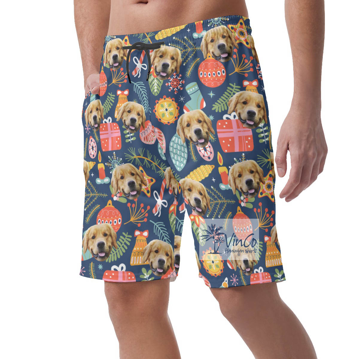 Custom Decorative Patterns Christmas Hawaiian Beach Shorts With Dog Face