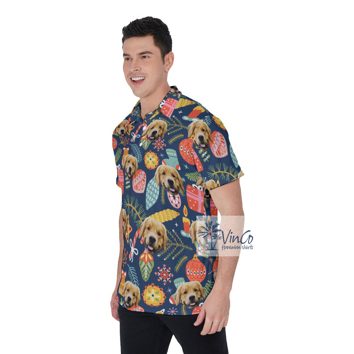 Funny Custom Dog Face Christmas Hawaiian Golf Shirt For Men
