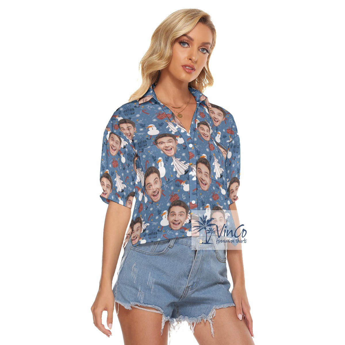 Custom Face Christmas Snowman Blue Hawaiian Crop Top Shirt