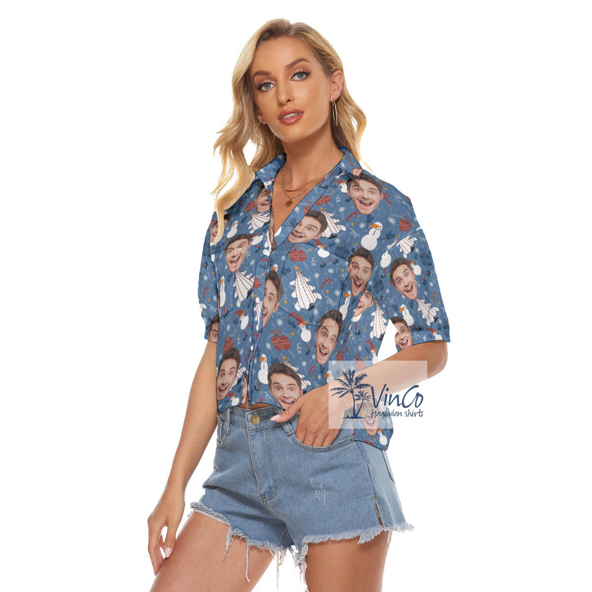 Custom Face Christmas Snowman Blue Hawaiian Crop Top Shirt