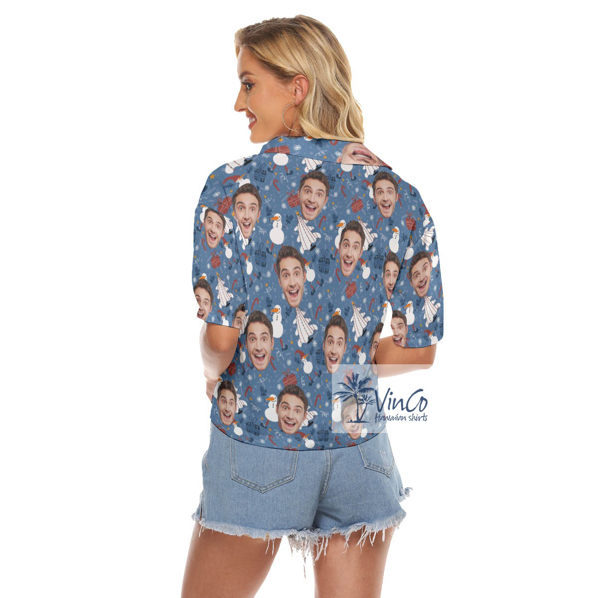 Custom Face Christmas Snowman Blue Hawaiian Crop Top Shirt