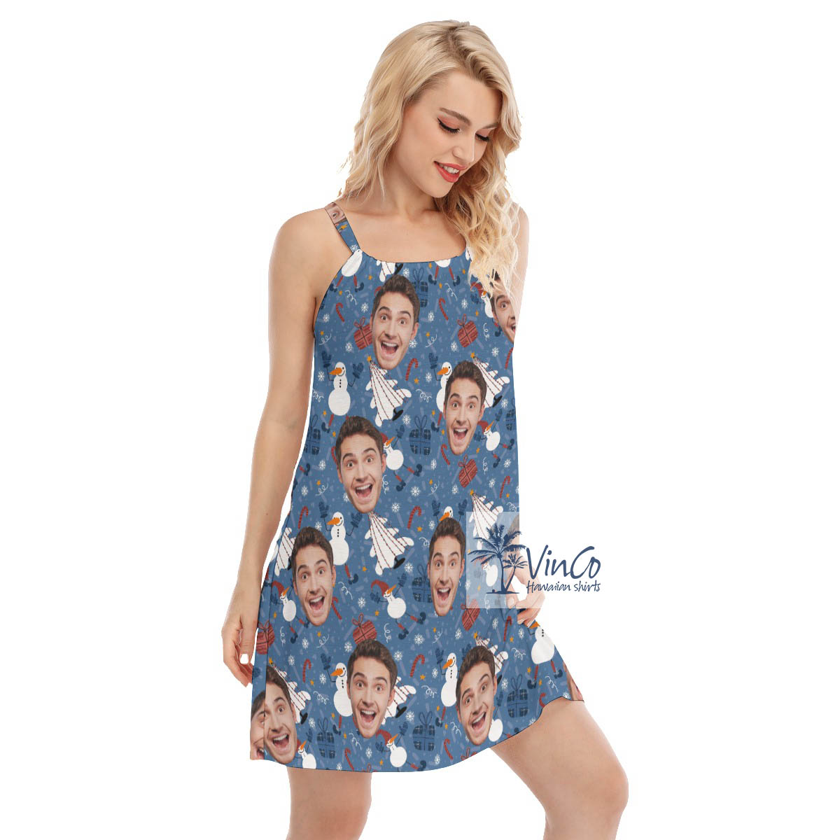 Custom Christmas Snowman Blue Hawaiian Dress With Face