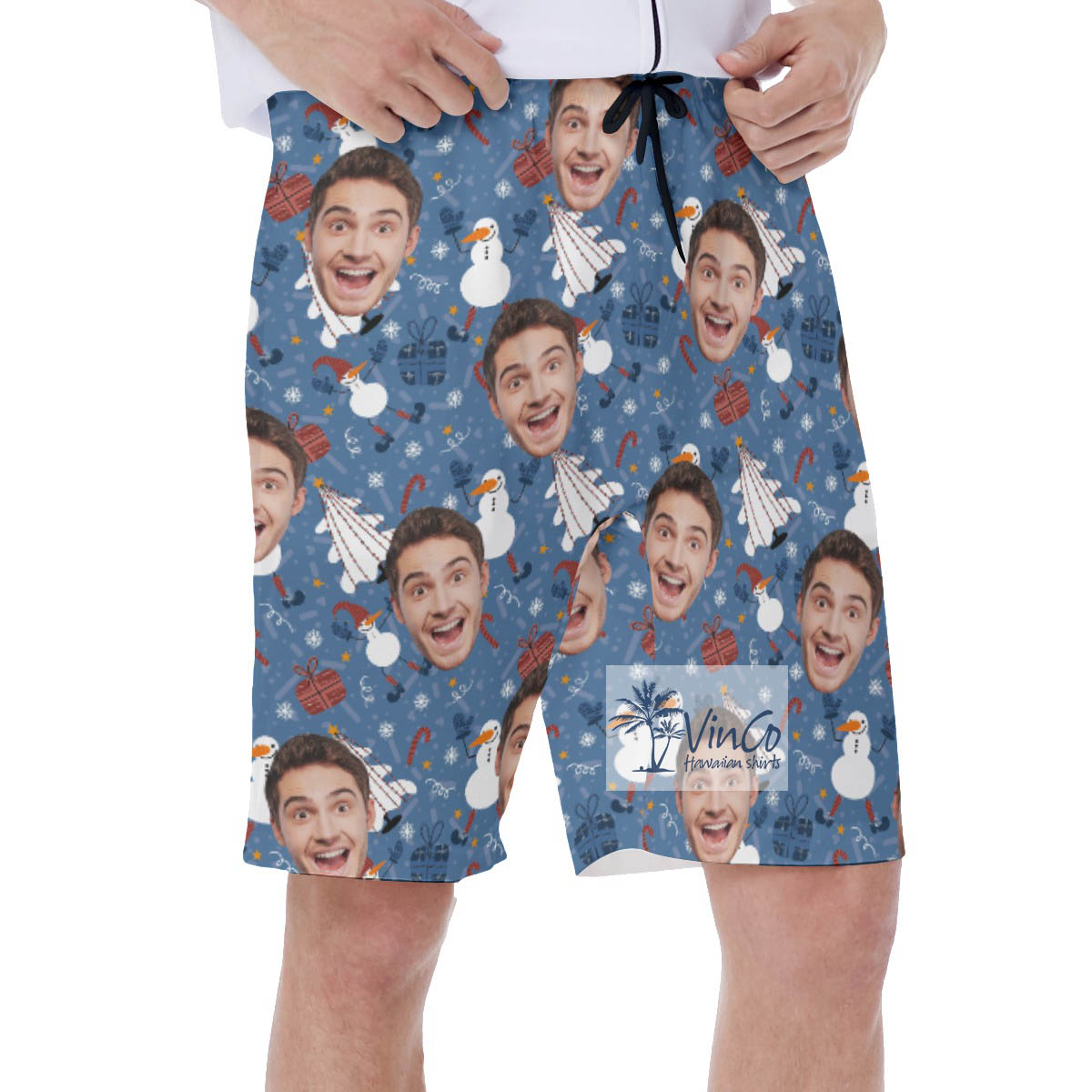 Custom Face Hawaiian Swimwear With Christmas Tree And Snowman